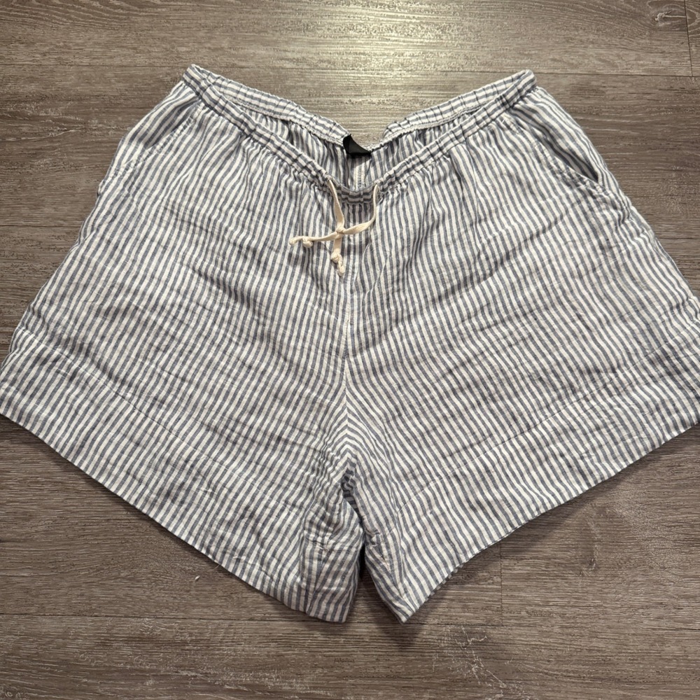 Gap Shorts Women Large Blue White Striped 100% Linen Coastal Beach Summer Aloha